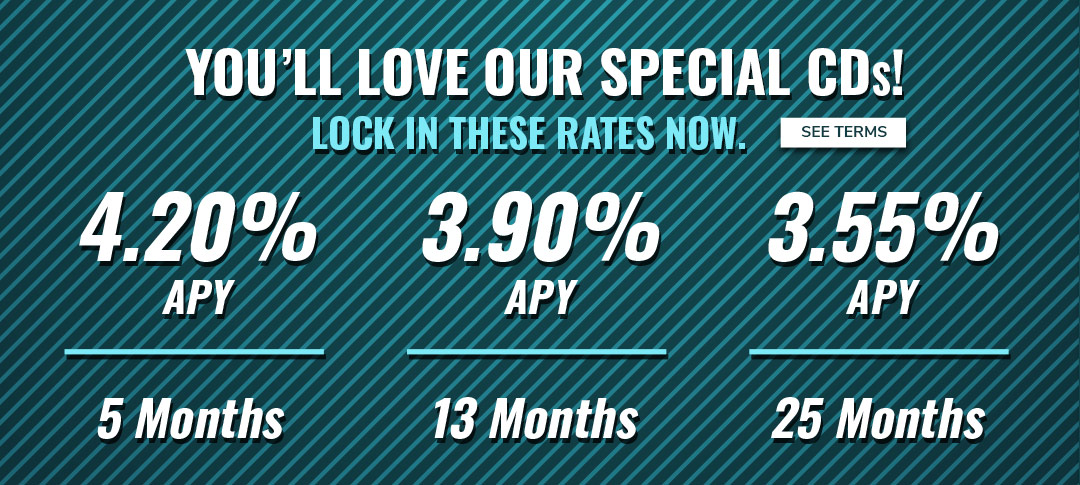 CD Specials at your Hometown Bank! Lock in these rates now. Click to see terms.