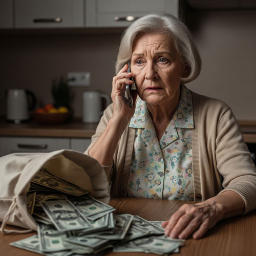 Older lady on phone with bag of cash.